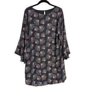 Veronica M Black Tan Floral Shift Dress with Bell Sleeves Size M